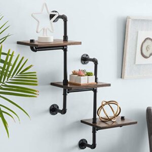 EXCELLO GLOBAL PRODUCTS 3-Tier Wooden Wall Ladder Floating Rustic Shelf 35"x40" with Iron Black Pipe Hardware for Bedroom, Kitchen, Office