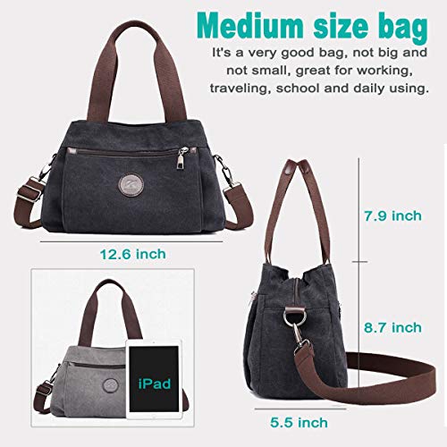 DOURR Hobo Handbags Canvas Crossbody Bag for Women, Multi Compartment Tote Purse Bags (Black - Medium)