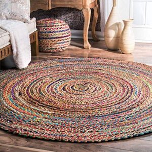 indian handmade hand braided bohemian reversible colorful cotton round yoga mat chindi jute bath rug (24 inch) (2 feet dia.)