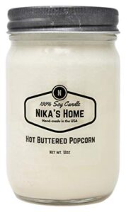 nika’s home hot buttered popcorn soy candle 12oz mason jar non-toxic white soy candle handmade, long burning 50-60 hours highly scented all natural, clean burning candle gift décor