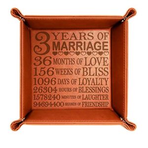 kate posh – 3 years of marriage engraved leather catchall valet tray, our 3rd wedding anniversary, 3 years as husband & wife, gifts for her, for him, for couples (rawhide)
