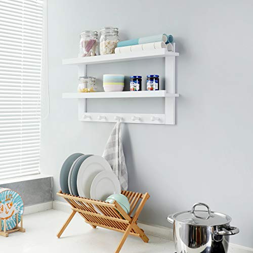 WELLAND 2 Tiers Entryway Floating Wall Shelf Hanging Shelf 29" L, Wall-Mounted Coat Rack Shelf with 5 Hooks for Hallway, Bathroom, Living Room, Bedroom,White