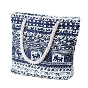 GINBL Large Canvas Elephant Tote Bag with Zipper for Women Travel Shopping Rope Handle Beach Handbag