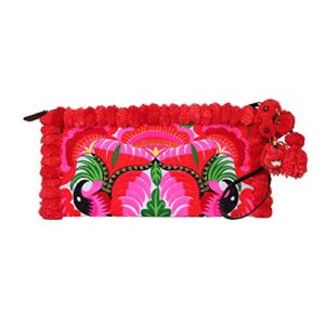 red pom pom clutch bag with embroidered hmong tribes orchid pattern