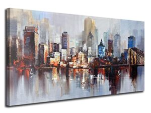 arjun brooklyn bridge wall art modern new york abstract canvas cityscape painting large framed, colorful nyc skyline textured picture for living room bedroom home office decor 60″x30″ original design