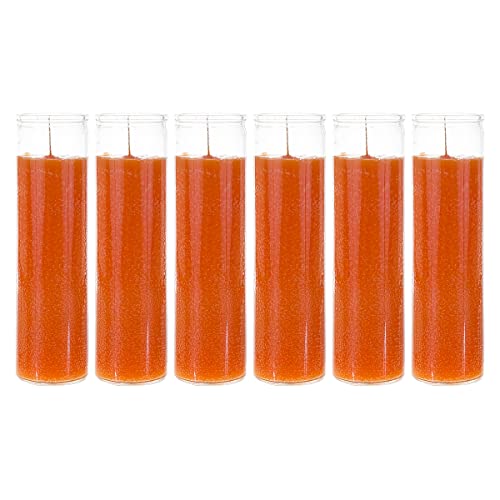 Mega Candles 6 pcs Unscented Orange 7 Day Devotional Prayer Glass Container Candle, Premium Wax Candles 2 Inch x 8 Inch, Great for Sanctuary, Vigils, Prayers, Blessing, Religious & Much More