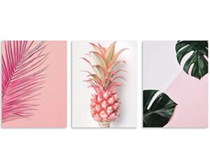 tutubeer plant wall art with pink pineapple at pink background tropical wall decor green plant art 12″ x 16″ x 3 pieces canvas pictures prints artwork ready to hang for home decoration wall decor