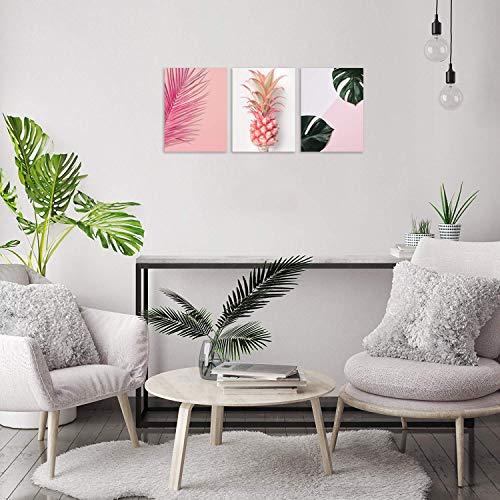 TutuBeer Plant Wall Art with Pink Pineapple at Pink Background Tropical Wall Decor Green Plant Art 12" x 16" x 3 Pieces Canvas Pictures Prints Artwork Ready to Hang for Home Decoration Wall Decor