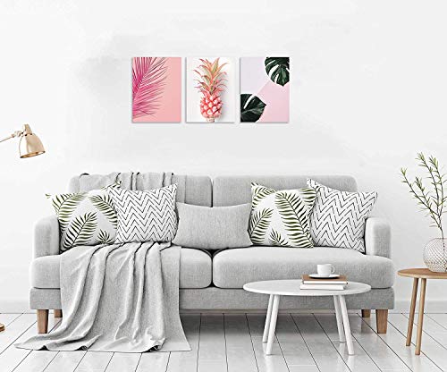 TutuBeer Plant Wall Art with Pink Pineapple at Pink Background Tropical Wall Decor Green Plant Art 12" x 16" x 3 Pieces Canvas Pictures Prints Artwork Ready to Hang for Home Decoration Wall Decor