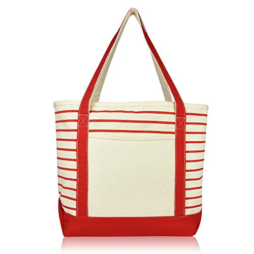 DALIX Medium Stripe Tote Deluxe Shoulder Bag Cotton Canvas in Red