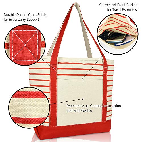 DALIX Medium Stripe Tote Deluxe Shoulder Bag Cotton Canvas in Red