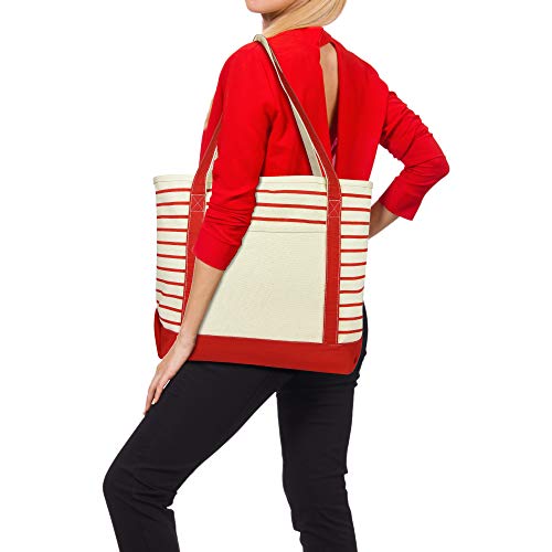 DALIX Medium Stripe Tote Deluxe Shoulder Bag Cotton Canvas in Red