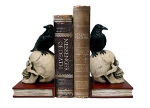 dwk – murder and mystery – ravens on skulls bookends gothic poe crow reading bookshelf theme for your library home décor book shelf accent 8.5 inches in length