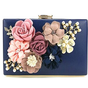 amaze flower clutch purse for women floral evening bags for wedding bride formal party (navy blue)