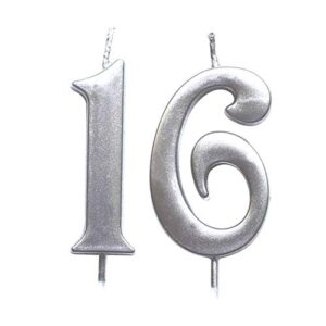 magjuche silver 16th birthday numeral candle, number 16 cake topper candles party decoration for girl or boy