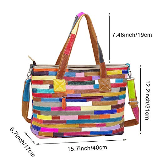 Segater® Women's Big Multicolor Tote Handbag Genuine Leather Color matching Design Hobo Crossbody Shoulder Bag Purses