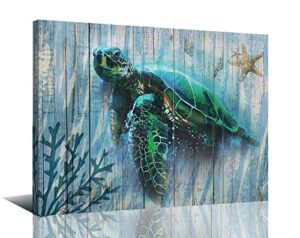 arjun bathroom decor teal canvas green sea turtle wall art prints submarine picture one panel 16″x12″ blue sea-plant modern landscape painting framed for living room bedroom home office spa wall decor