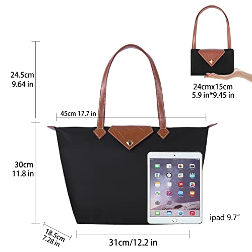 BOJLY Women Tote Bag,Stylish Waterproof Nylon Ladies Shoulder Bag, Folding Beach Travel Bag for Work,Shopping, School Black Large