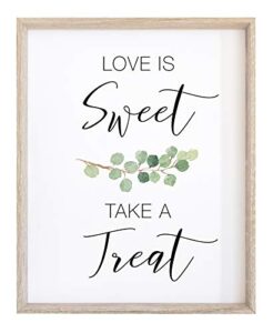 2 city geese love is sweet take a treat sign for wedding reception | watercolor eucalyptus greenery on textured thick cardstock paper | (1) 8×10 wedding reception decoration sign