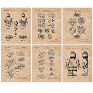 vintage interlocking figure patent prints, 6 (8×10) unframed photos, wall art decor gifts under 20 for home office garage man cave school college engineer student teacher comic-con family movies fan