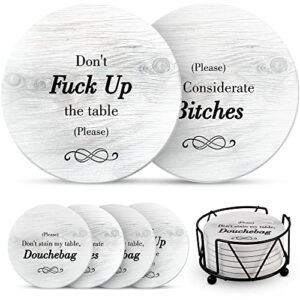 Funny Coasters for Drinks with Holder - Absorbent Drink Coasters Set 6 Pcs - 3 Sayings - Housewarming Gift for Friends - Men, Women Birthday - Cool Home Decor - Living Room, Kitchen, Bar Decorations