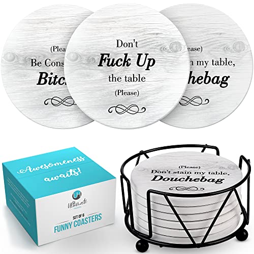 Funny Coasters for Drinks with Holder - Absorbent Drink Coasters Set 6 Pcs - 3 Sayings - Housewarming Gift for Friends - Men, Women Birthday - Cool Home Decor - Living Room, Kitchen, Bar Decorations