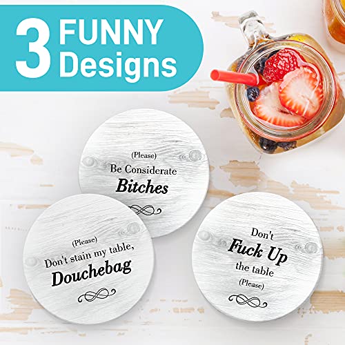 Funny Coasters for Drinks with Holder - Absorbent Drink Coasters Set 6 Pcs - 3 Sayings - Housewarming Gift for Friends - Men, Women Birthday - Cool Home Decor - Living Room, Kitchen, Bar Decorations