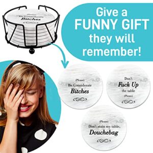 Funny Coasters for Drinks with Holder - Absorbent Drink Coasters Set 6 Pcs - 3 Sayings - Housewarming Gift for Friends - Men, Women Birthday - Cool Home Decor - Living Room, Kitchen, Bar Decorations