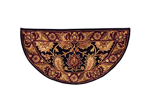 Black Hearth Rug Fireplace Carpet, Burgundy Red Gold Flower Border Half Moon Circle Mat Botanical Semi Circle Chimney Mat, Floral Pattern Semicircle Rug Cabin Lodge Cottage Fireplace 2'3" x 4', Wool