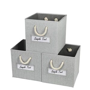 onlycube 3 pack foldable storage bins for cube organizer with cotton rope handles and label holders, collapsible basket box organizer for shelves and closet- gray 13x13x13 inch