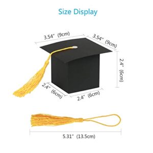 KATOOM 30pcs Graduation Sweet Boxes,6CM*6CM Doctoral Cap Shaped Gift Box Black Graduation Celebration Treat Sweet Biscuit Chocolate Sweet Box with Yellow Tassel for Graduation Ceremony Party