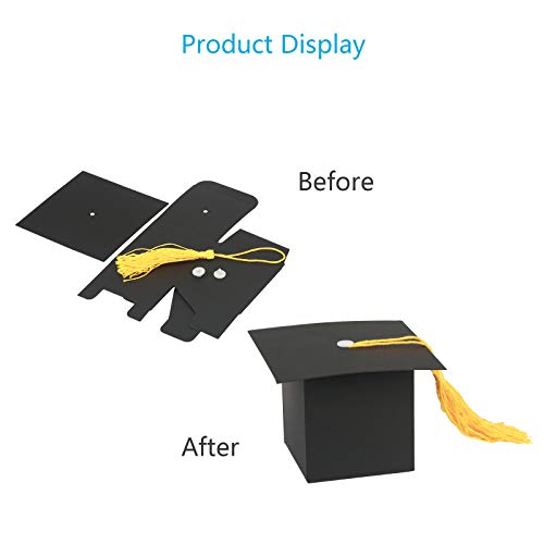 KATOOM 30pcs Graduation Sweet Boxes,6CM*6CM Doctoral Cap Shaped Gift Box Black Graduation Celebration Treat Sweet Biscuit Chocolate Sweet Box with Yellow Tassel for Graduation Ceremony Party