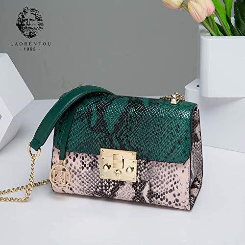 LAORENTOU Shoulder Bags Womens Snake Skin Handbag Purses, Ladies Cow Leather Chain Purse & Crossbody Handbags for Women with Chain Strap (Green)