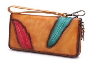 women’s wallet genuine leather zip around wristlet long purse vintage embossing cowhide capacity handmade clutch(brown)