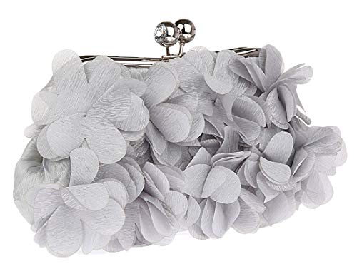 Santimon Women Clutch Kiss Lock Purse HandBags Satin Flower Evening Bags with Removable Strap Grey
