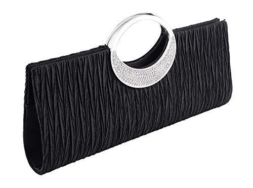 U-Story Elegant Evening Rhinestone Satin Pleated Wedding Party Clutch Purse Handbag (Black)