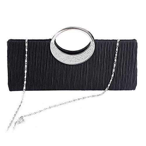 U-Story Elegant Evening Rhinestone Satin Pleated Wedding Party Clutch Purse Handbag (Black)