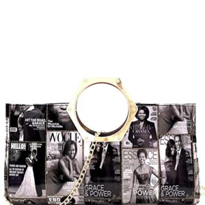 classy michelle obama magazine cover print vegan leather patent large cut-out handle clutch purse (metal handle – vintage black/white)