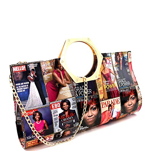 Classy Michelle Obama Magazine Cover Print Vegan Leather Patent Large Cut-out Handle Clutch Purse (Metal Handle - Vintage Black/White)