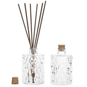mygift small clear glass reed diffuser bottles, vintage embossed apothecary style flower bud vases with cork lids, set of 2