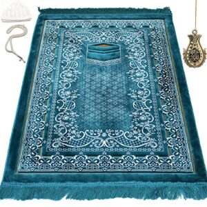 free prayer cap & beads, islamic prayer rug janamaz – plush velvet wide (turquoise)