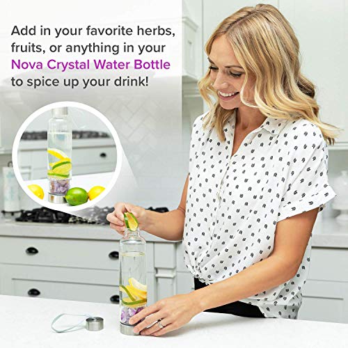 Crystal Elixir Infused Clear Motivational Gem Water Bottle + Protective Sleeve + Removable Crystals Healing Stones | Witchcraft Supplies Infuser Water Bottle – 15 Oz (Amethyst)