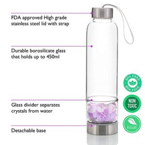 Crystal Elixir Infused Clear Motivational Gem Water Bottle + Protective Sleeve + Removable Crystals Healing Stones | Witchcraft Supplies Infuser Water Bottle – 15 Oz (Amethyst)