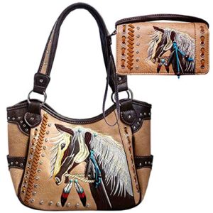 justin west dales pony horse white mane embroidery feather conceal carry women handbag purse (brown tote wallet set)