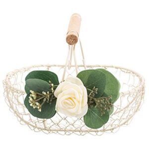 petite ivory flower girl basket – ivory metal wedding basket w/wood handle – flower girl petal basket – flower basket by ragga wedding