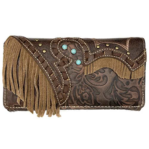 Zelris Women Crossbody Wallet Turquoise Concho Suede Fringe Two Tone Cowgirl Trifold Open (Western Brown)