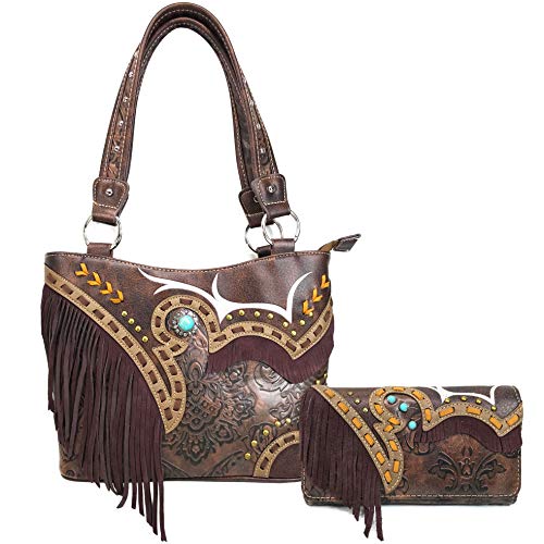 Zelris Women Tote Handbag Wallet Set Turquoise Concho Suede Fringe Two Tone Cowgirl Concealed Carry Purse (Western Brown)