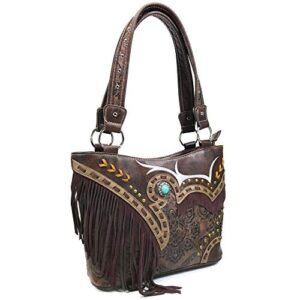 Zelris Women Tote Handbag Wallet Set Turquoise Concho Suede Fringe Two Tone Cowgirl Concealed Carry Purse (Western Brown)