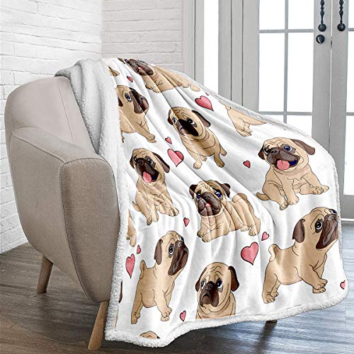 WONGS BEDDING Pug Throw Blanket Twin Cartoon Pug Dog Printed Sherpa Blanket for Kids Adults Soft Fuzzy Microfiber Plush Fleece Throw Blanket for Bed Couch and Travel (Twin Size, 60"x80")