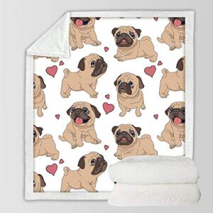 WONGS BEDDING Pug Throw Blanket Twin Cartoon Pug Dog Printed Sherpa Blanket for Kids Adults Soft Fuzzy Microfiber Plush Fleece Throw Blanket for Bed Couch and Travel (Twin Size, 60"x80")